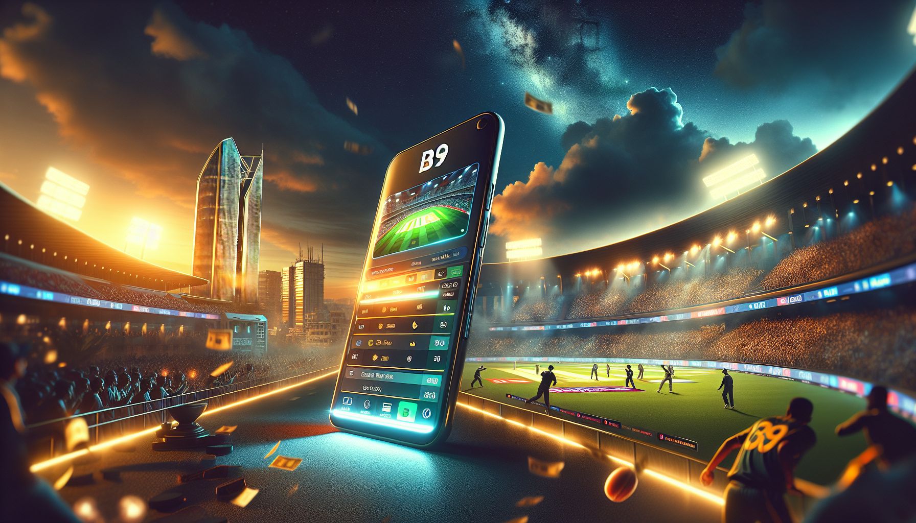 Cricket stadium moment under bright lights with intense match energy and mobile betting excitement for Bangladesh players